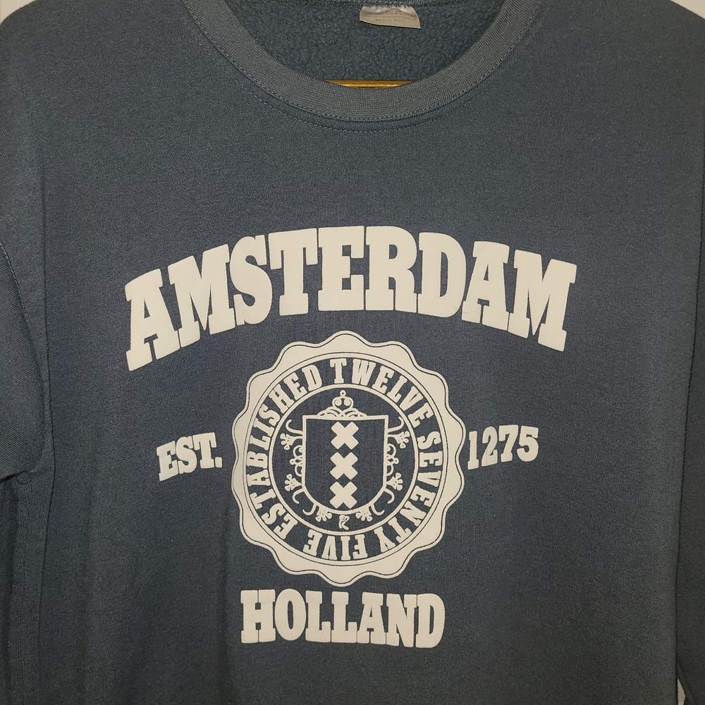 Vtg Amsterdam Sweater (Adult M) Blue Holland Spell Out Crewneck 90s VTG Fleece